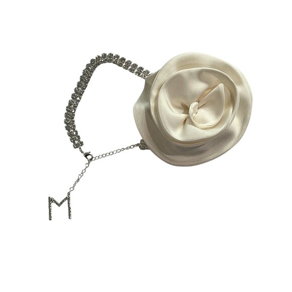 Magda Butrym Satin Flower Crystal Choker Necklace in Cream